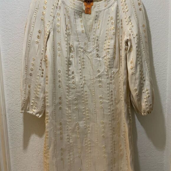 NWOT Tory Burch Ivory and Gold Threaded Tunic silk blend Dress size 6 - Picture 2 of 8